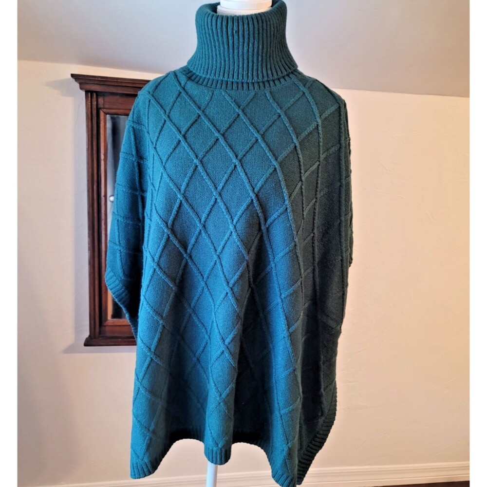 Loft Deep Emerald Green Diamond Knit Turtleneck Poncho Cape Sweater OS fits most